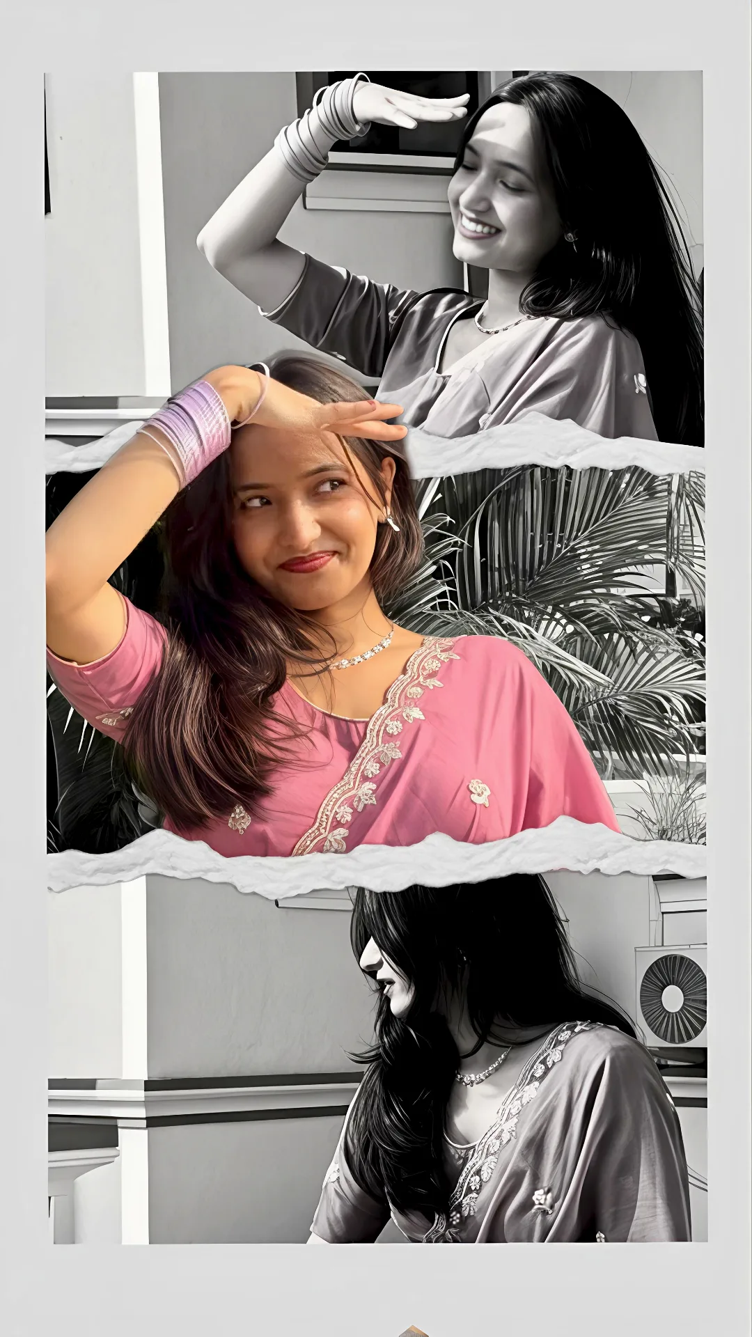 Ripped Paper Aesthetic Collage of Indian Woman in Pink Saree