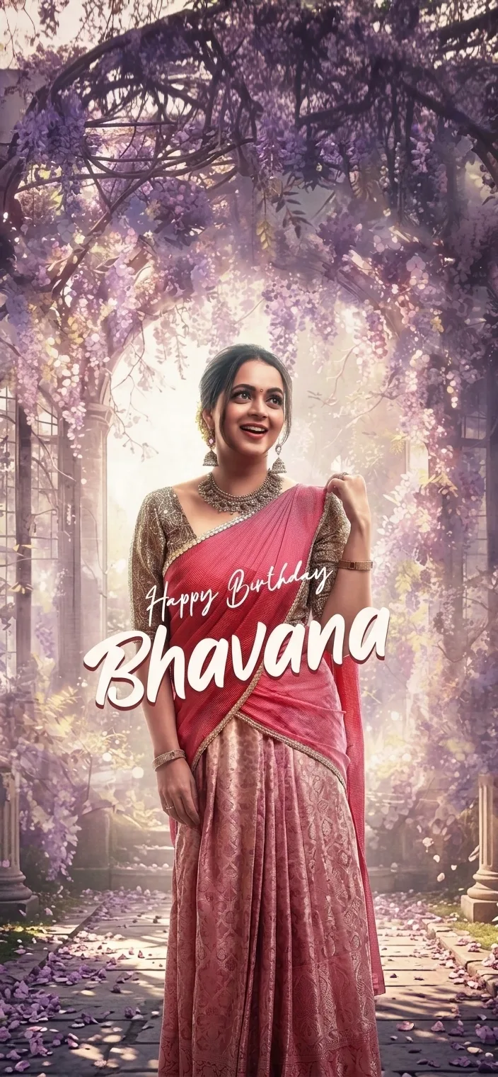 Dreamy Floral Birthday Poster of Young South Asian Woman in Saree