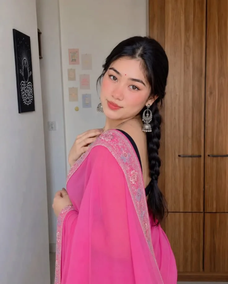 Indoor Portrait of Young Indian Woman in Pink Saree with Jhumkas