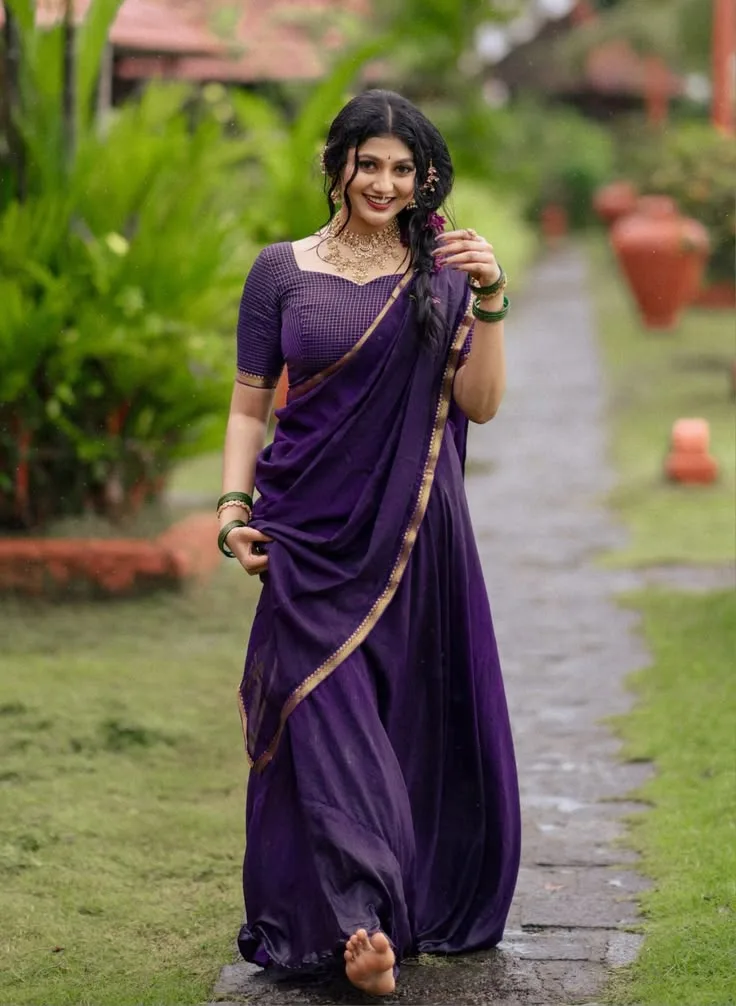 Traditional Purple Half Saree Garden Portrait