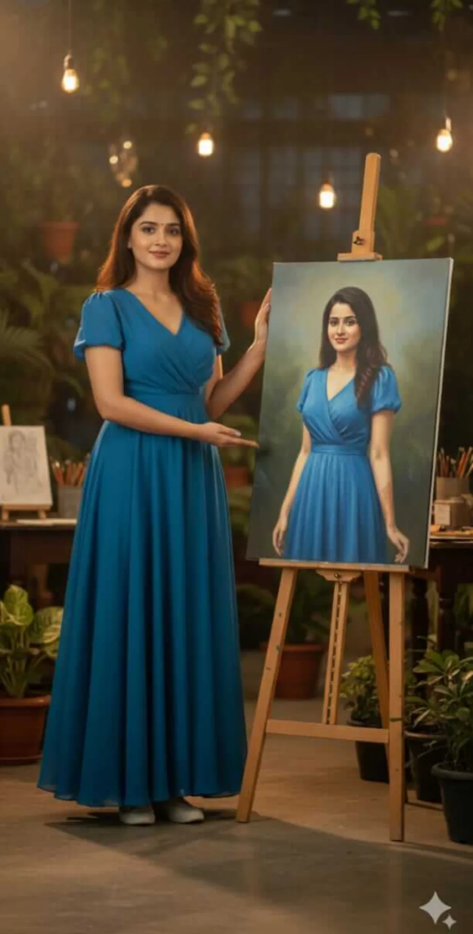 Elegant Studio Portrait with Self-Painting on Easel