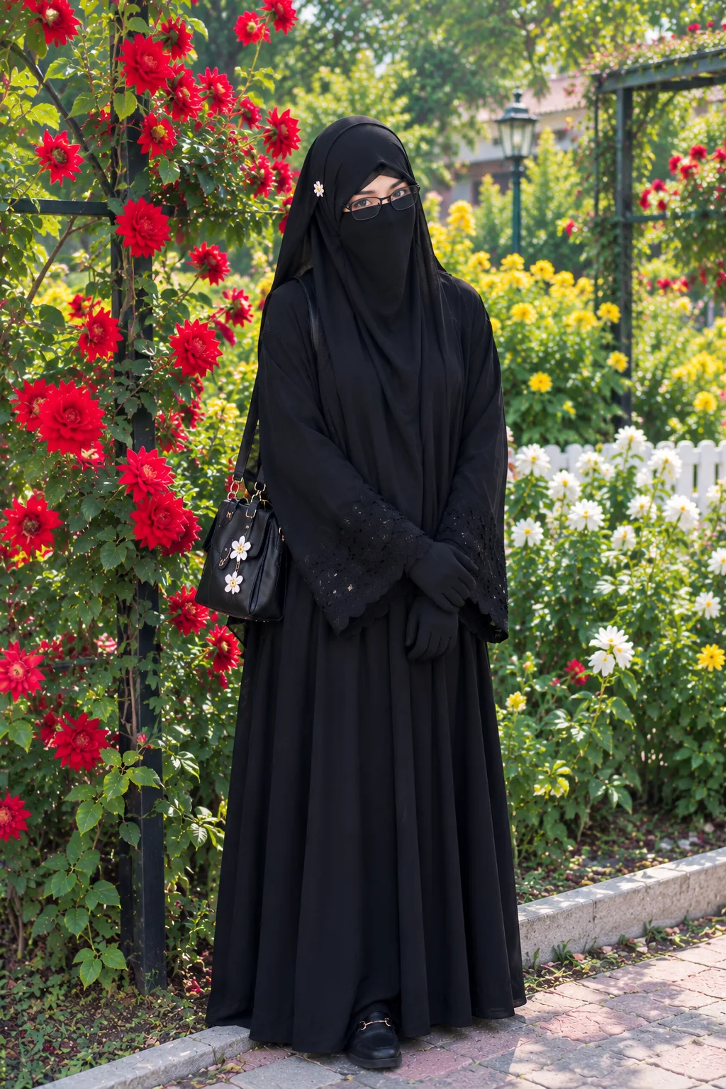 Black Borka Girl in a Beautiful Flower Garden 🌹🤍💛