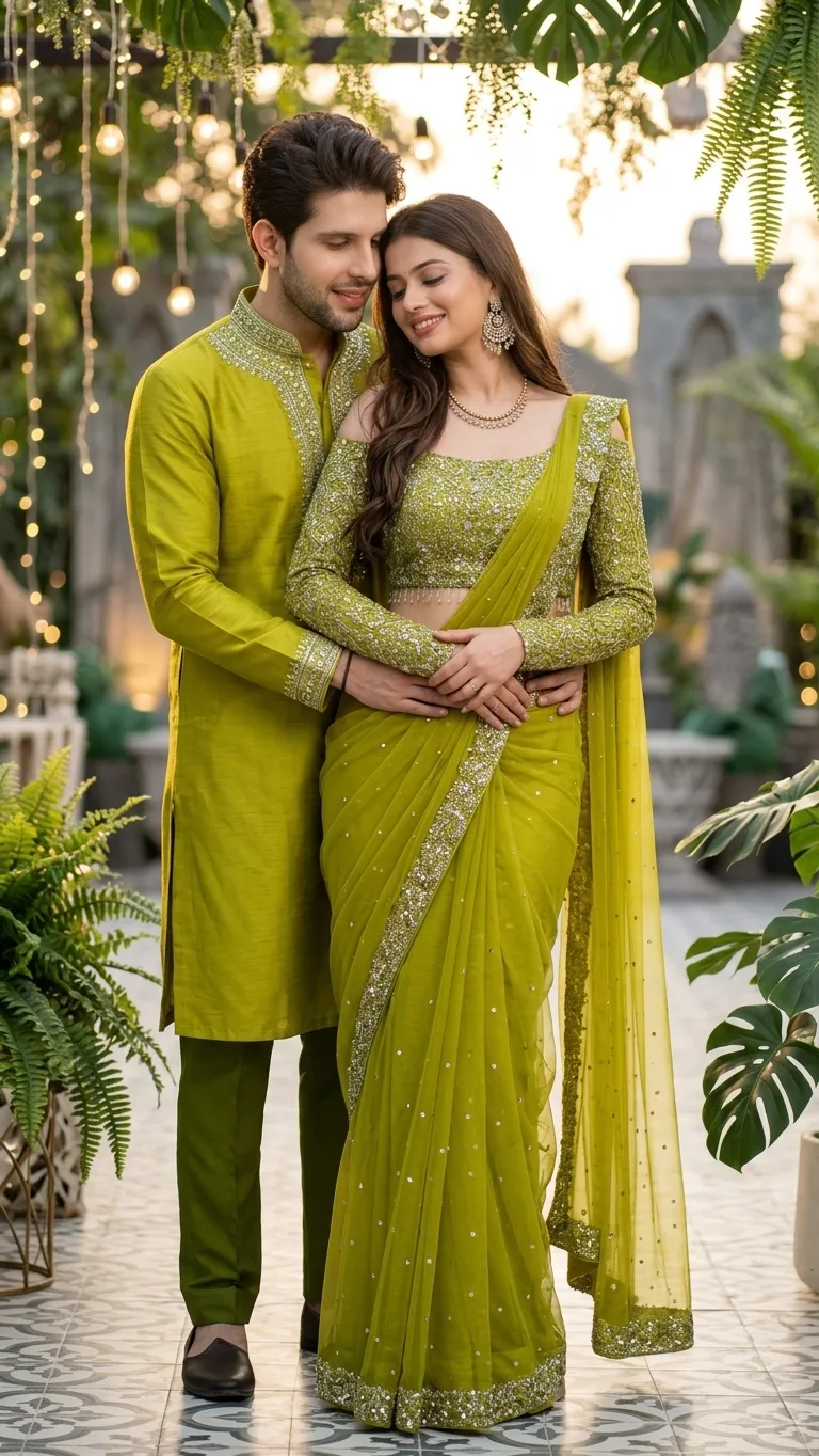 Colour Confidanted Olive Green Saree Couple Portrait