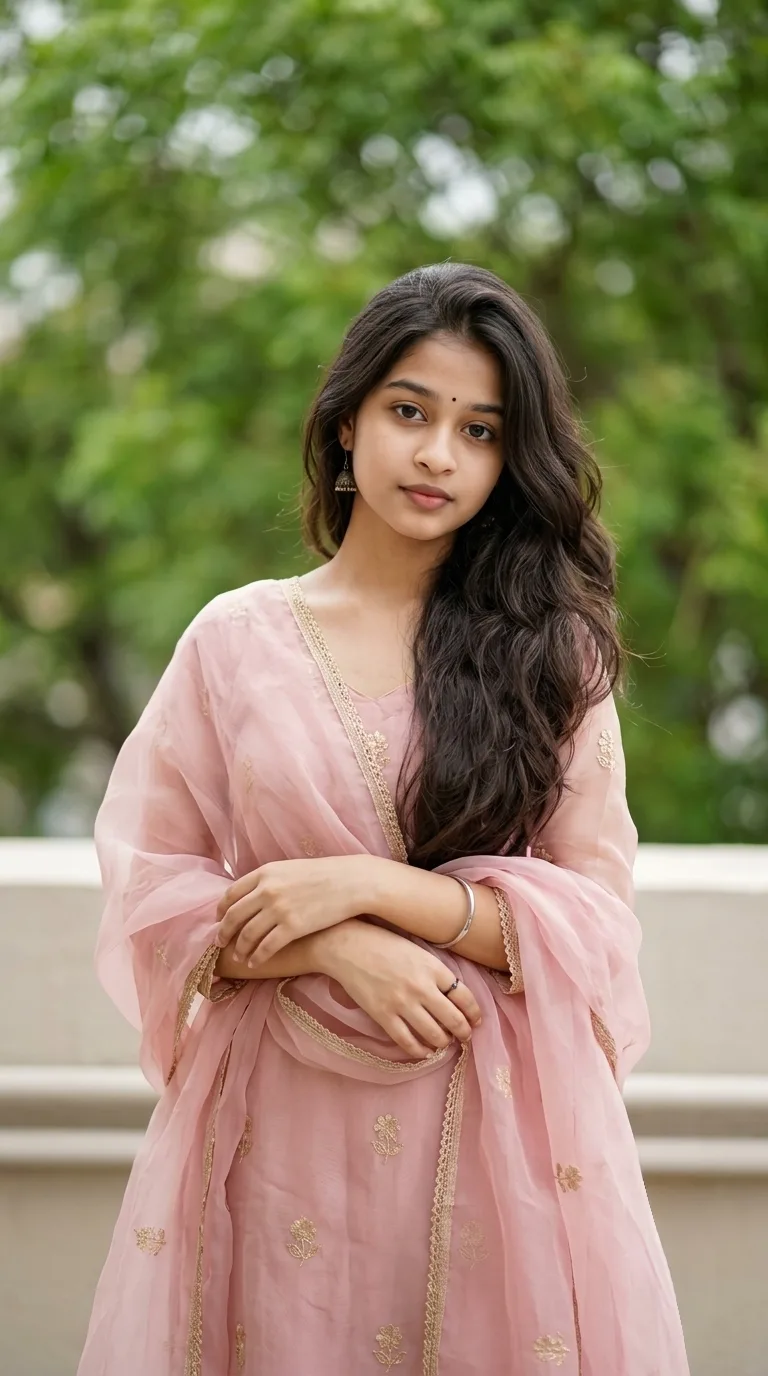 Elegant Indian Ethnic Female Portrait in Pastel Pink Kurta & Organza Dupatta Prompt