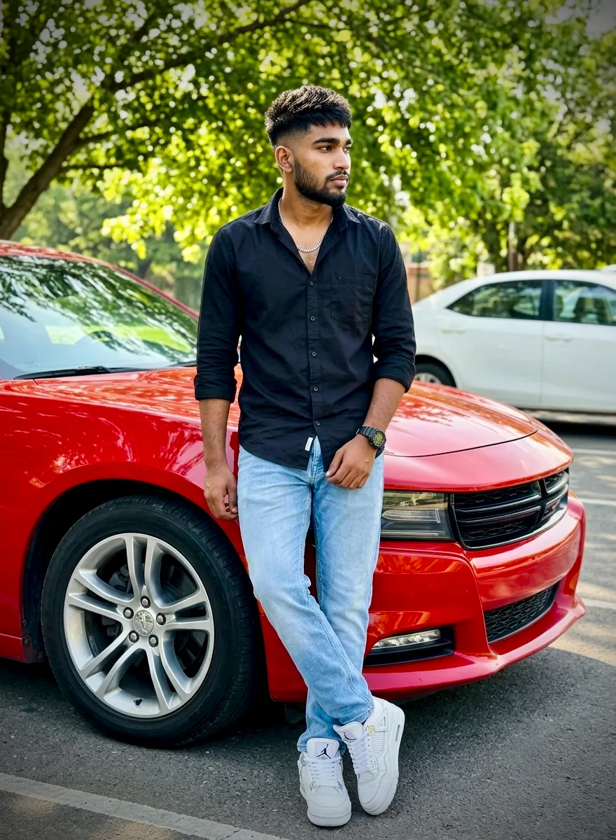 Confident Young Man Leaning on Glossy Red Muscle Car Streetwear Portrait Prompt
