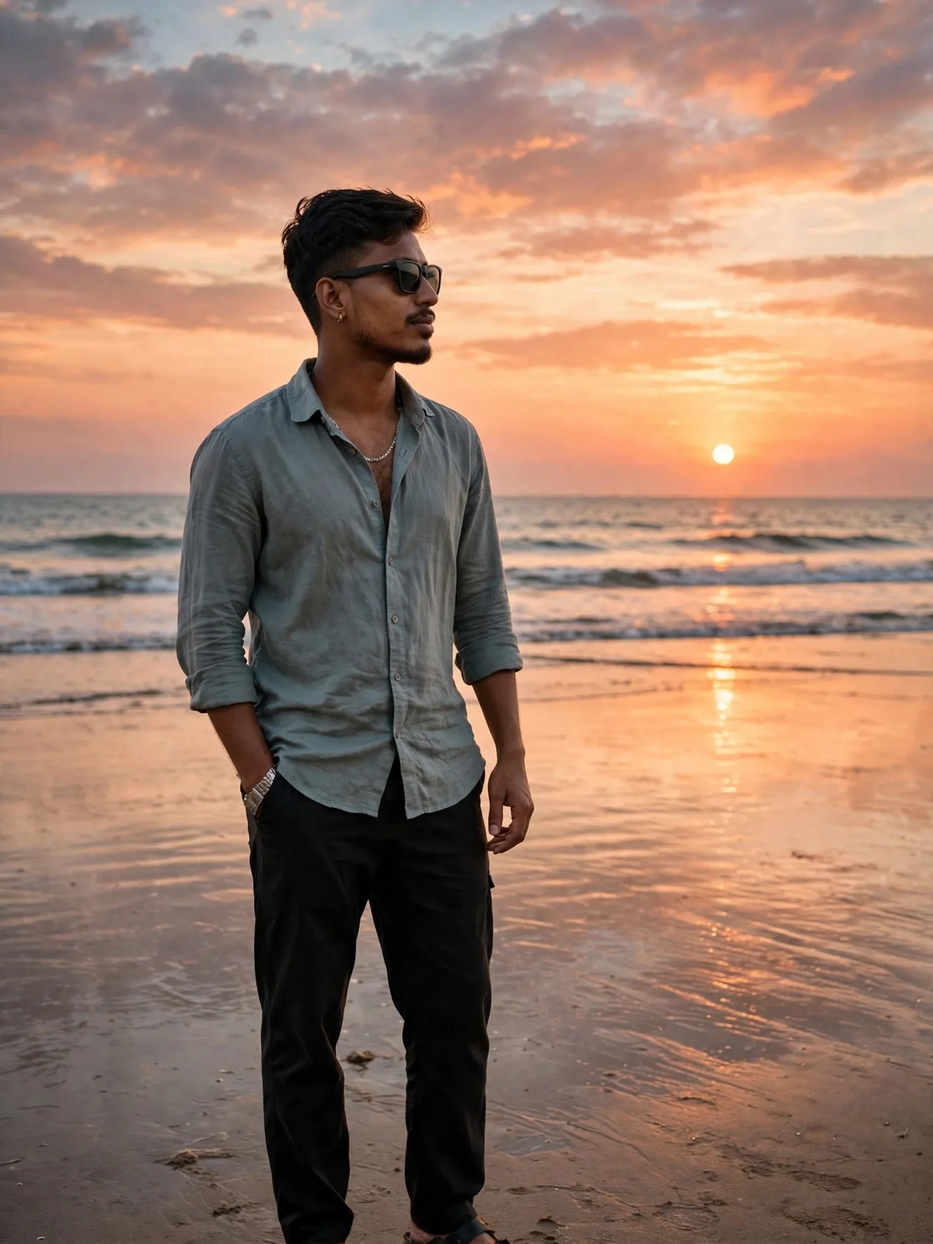 Here is your ultra-realistic SAME-TO-SAME beach sunset 8K recreation — your exact identity preserved