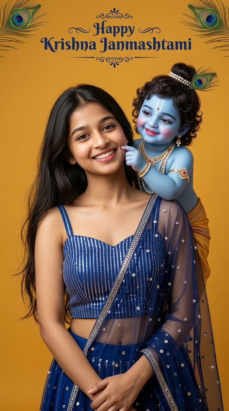 Happy Krishna Janmashtami Portrait of Girl with Playful Little Blue Bal Gopal Prompt