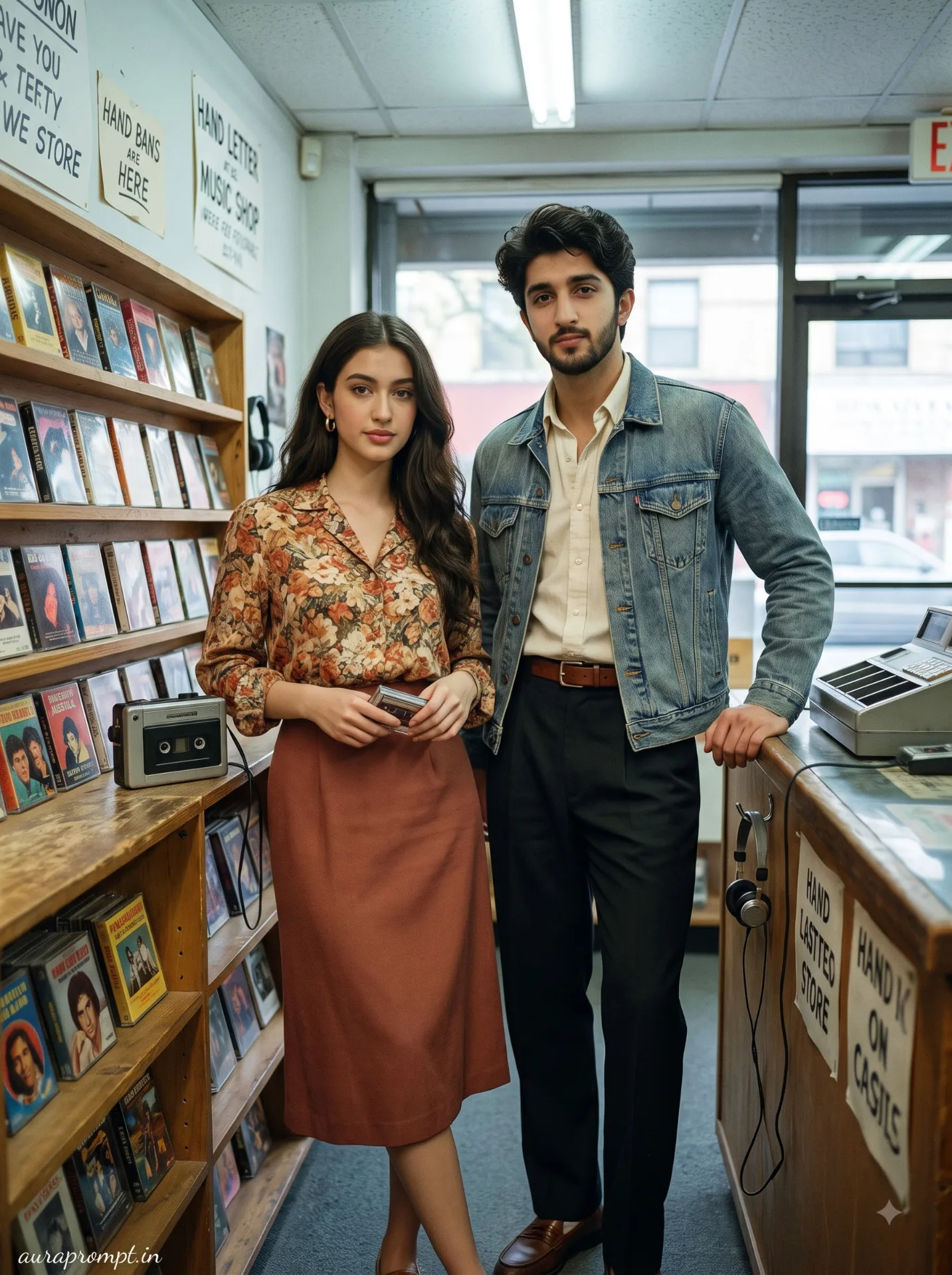Couple Inside a 1985 Cassette Music Shop Photo Prompt