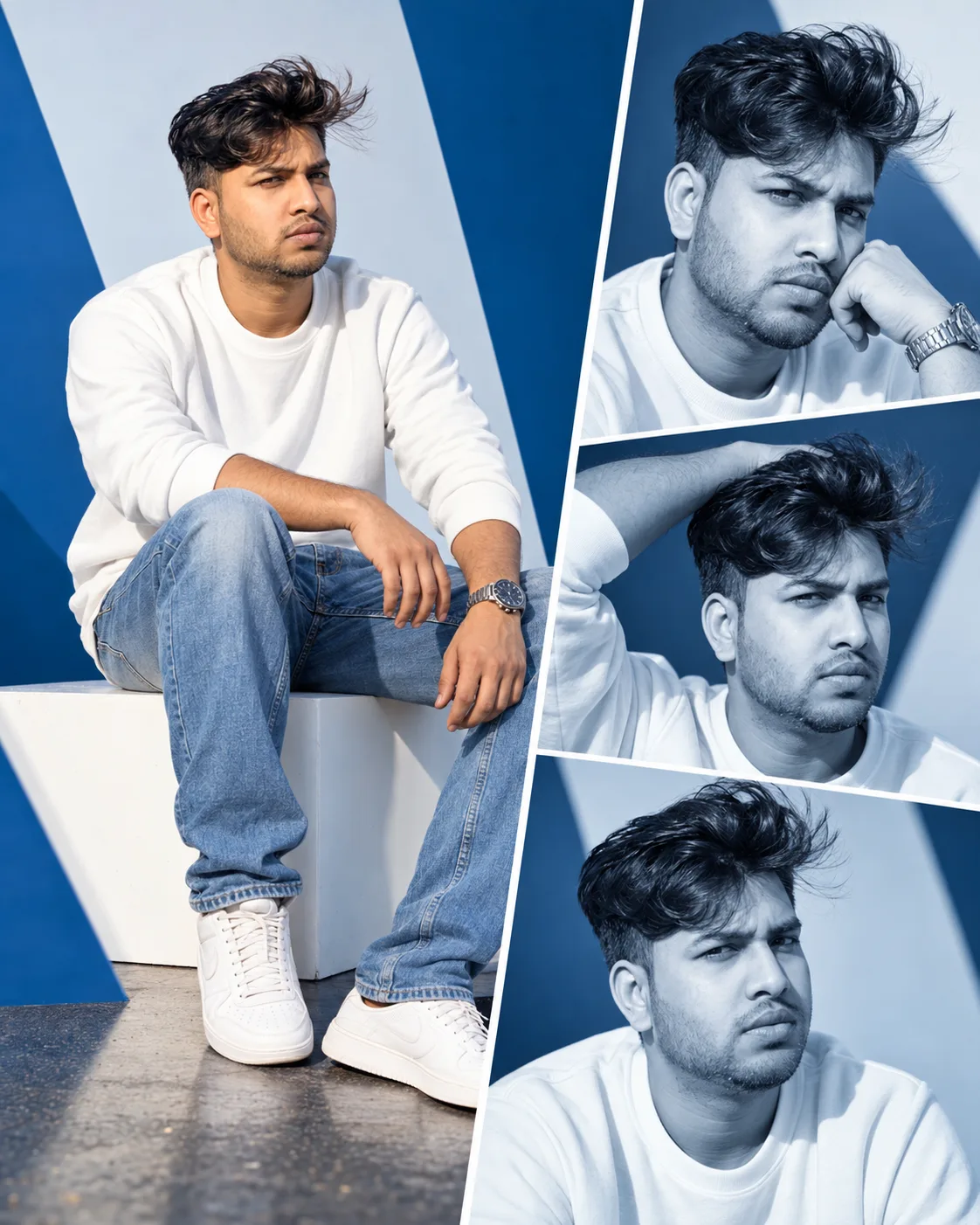 Blue-Toned Confidence Editorial Collage