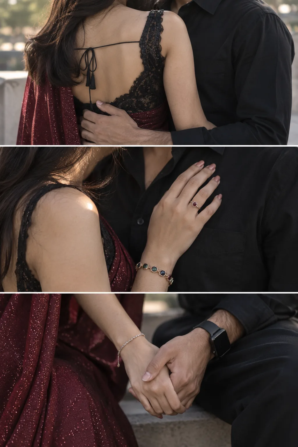Ultra realistic three panel portrait of a romantic couple