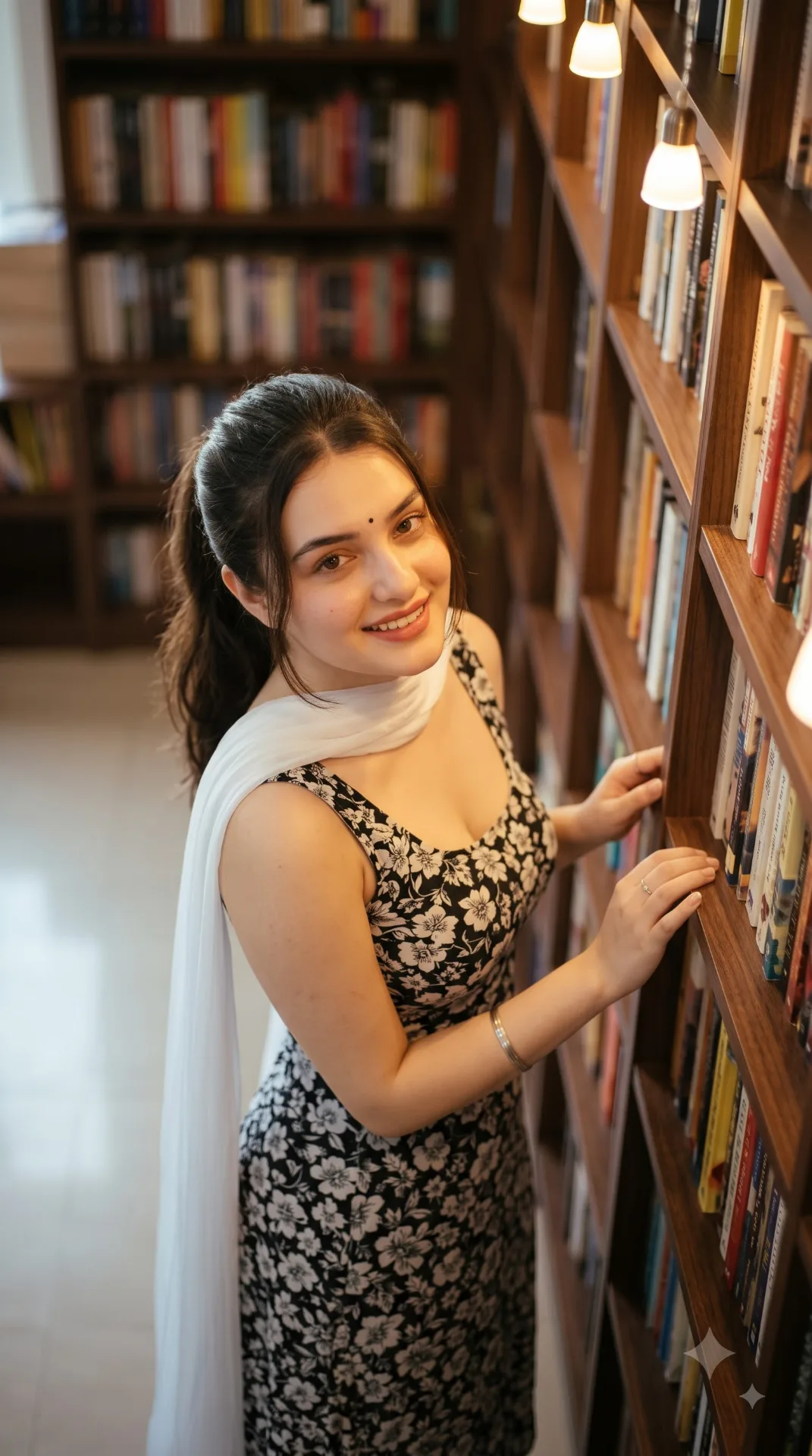 "Cozy Bookstore Corner Editorial Portrait"