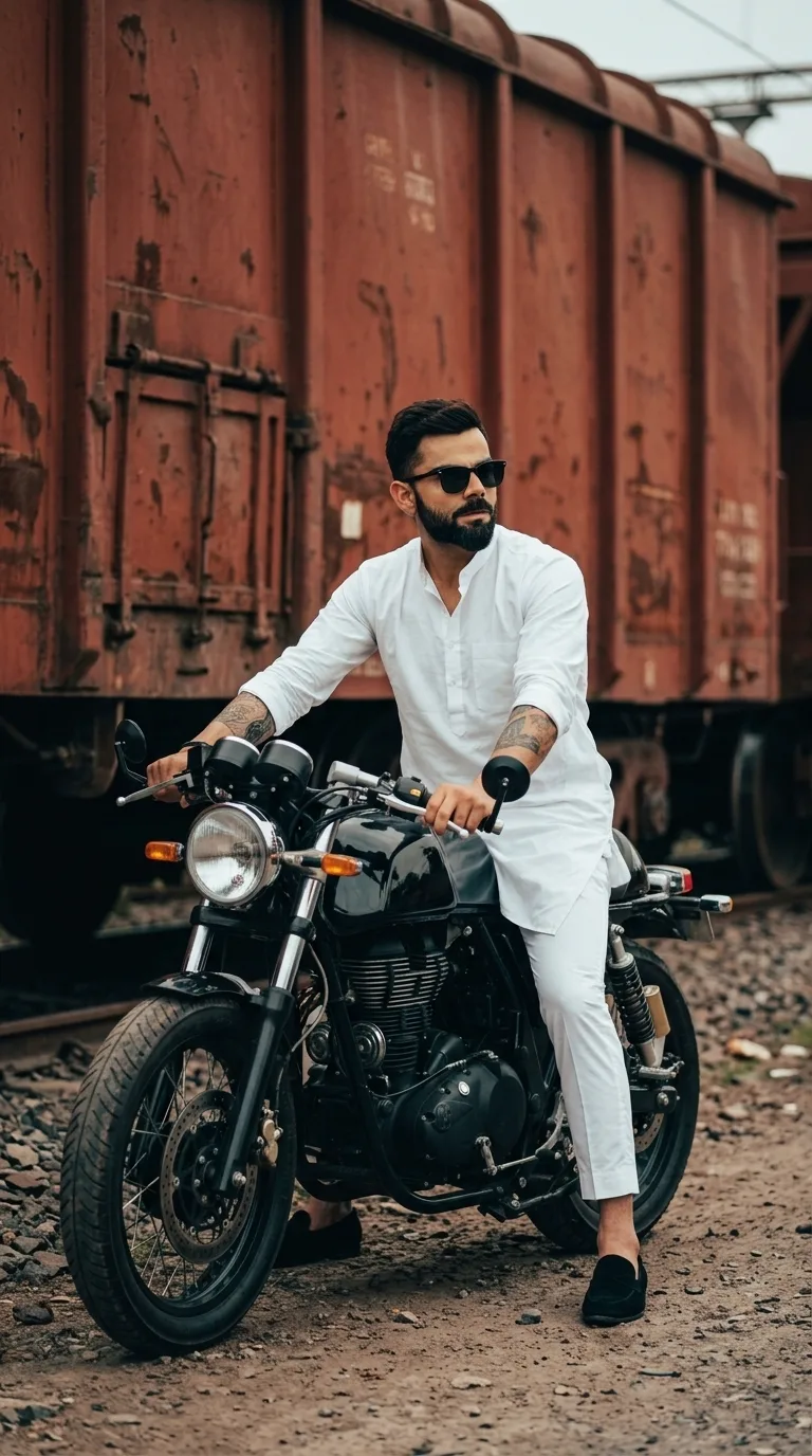 🏍️🤍 White Kurta Men’s Fashion – Cinematic Motorcycle Portrait