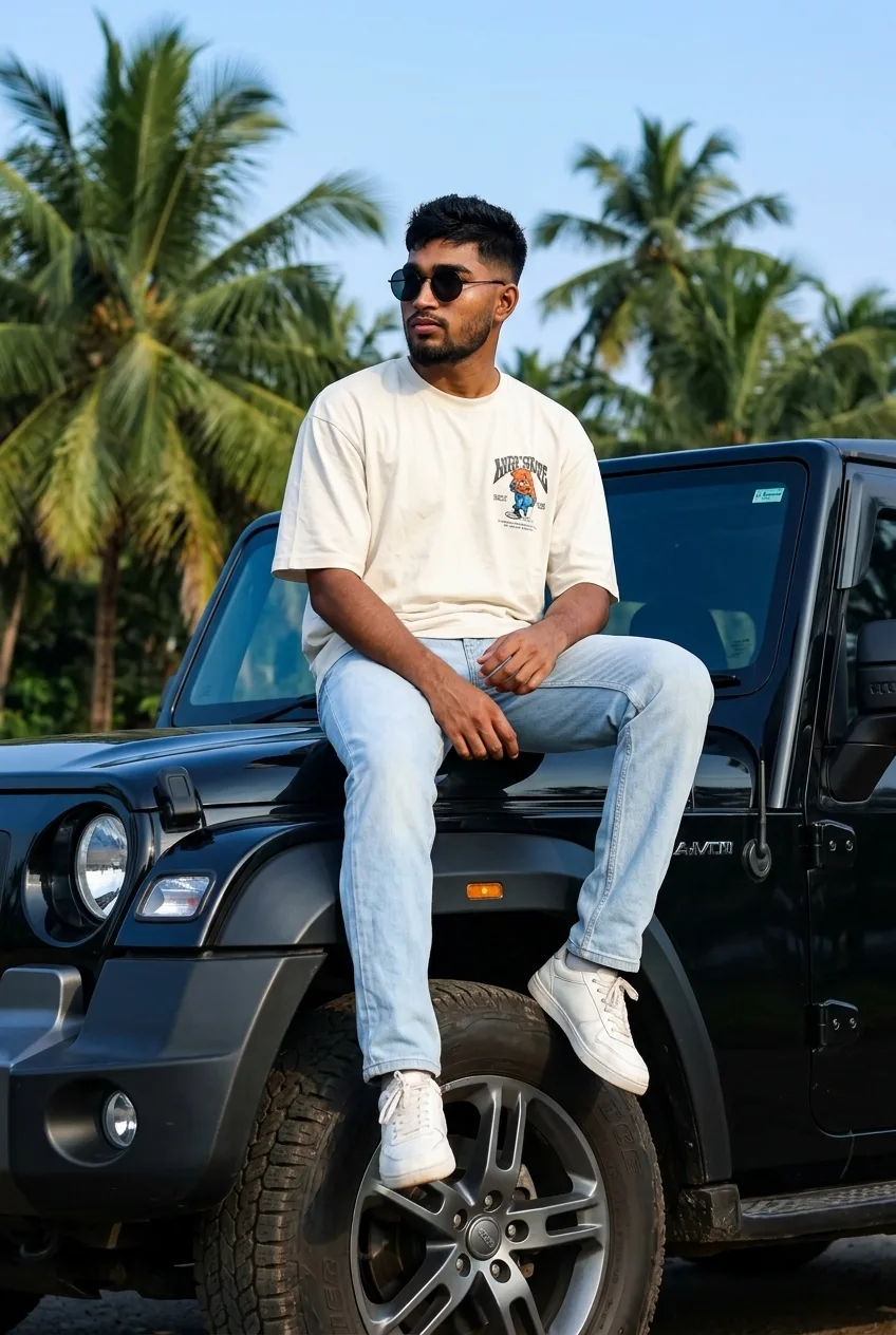 Black 4x4 Thar Hood Seated Male Portrait in Cream Tee & Light Denim Prompt