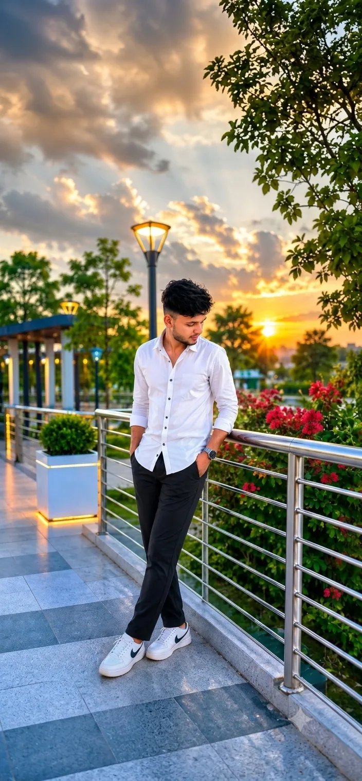 Candid Golden Hour Sunset Portrait of Young Man Leaning on Promenade Railing