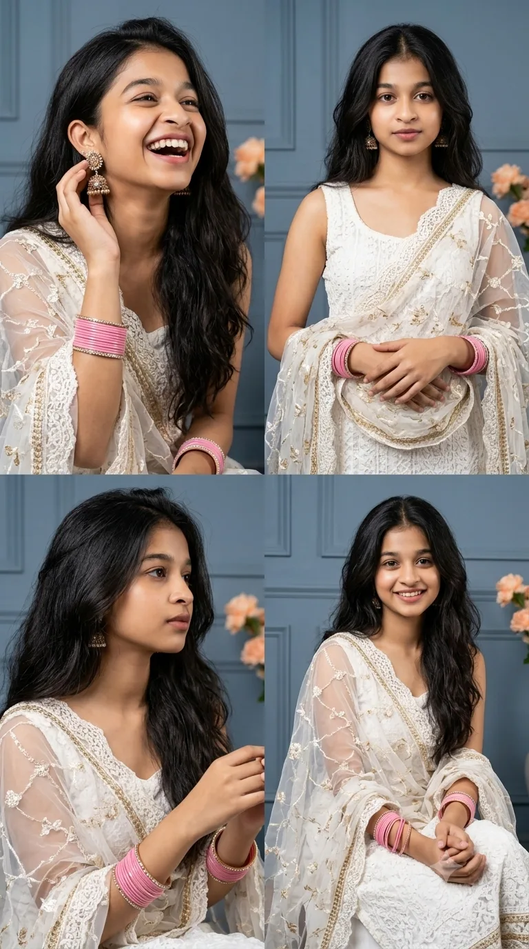 Elegant 2x2 Photo Collage of South Asian Woman in Embroidered White Anarkali Prompt