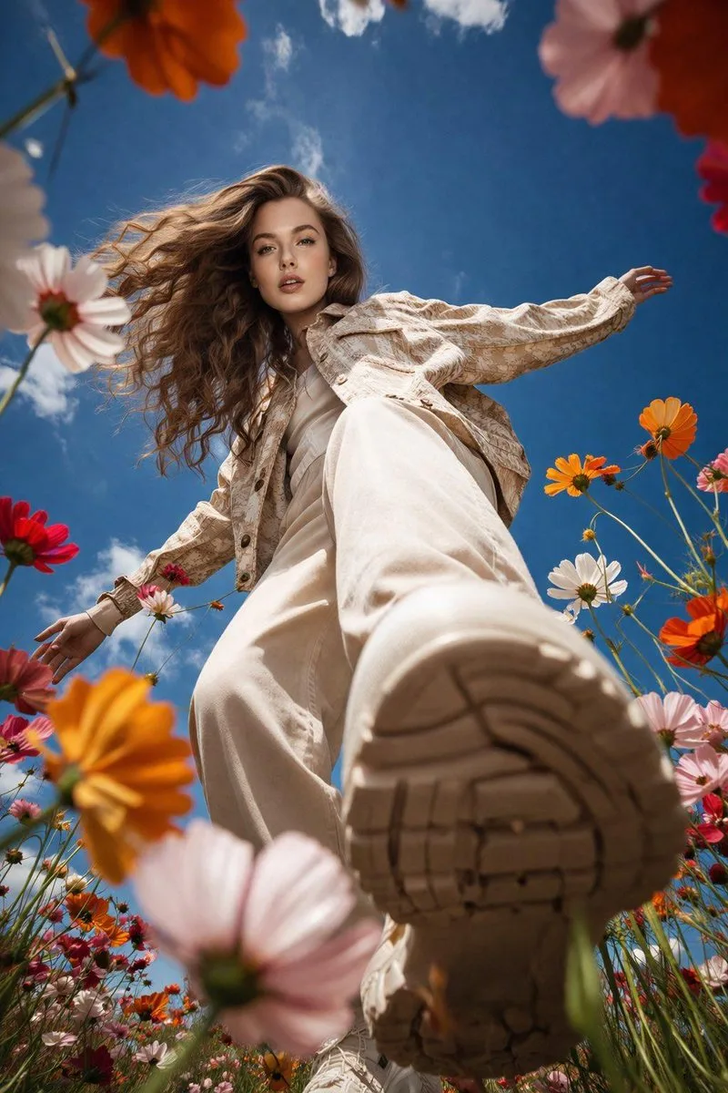 Dynamic Low-Angle Female Portrait Stepping in Wildflower Meadow Prompt