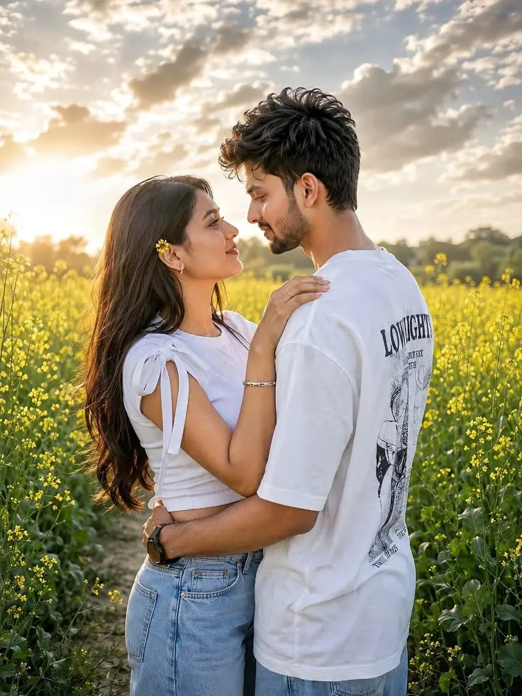 Romantic Golden Hour Piggyback Portrait in Mustard Flower Field