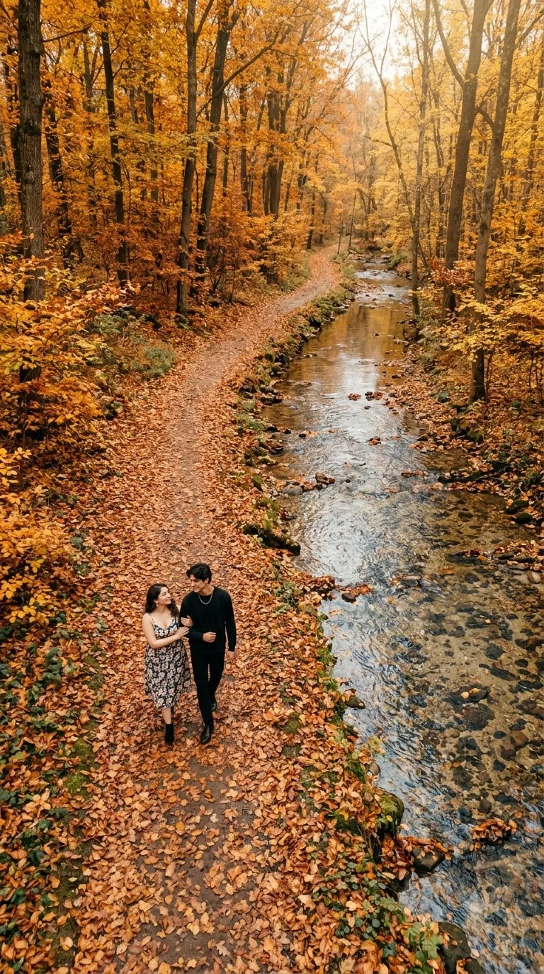 "Autumn Forest Trail Editorial Couple Portrait"