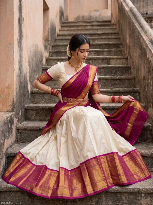 Heritage Stone Stairs Onam Kasavu Saree AI Prompts