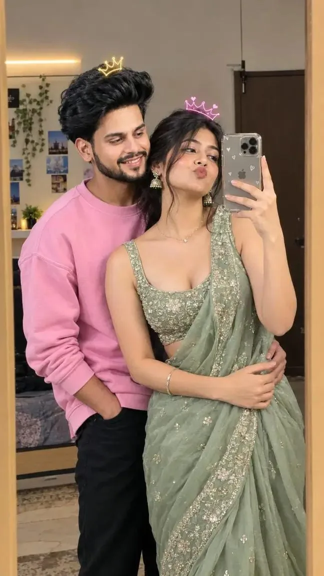 Cute Couple Mirror Selfie in Pastel Pink & Sage Green Aesthetic