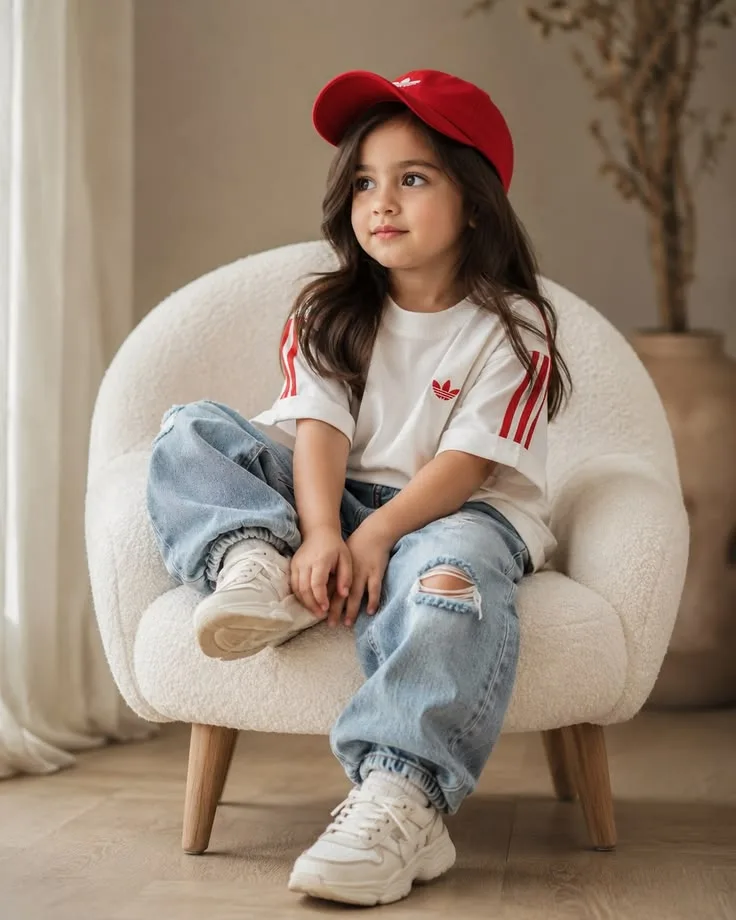Streetwear Child Portrait in Red Baseball Cap & Distressed Denim on Bouclé Chair Prompt