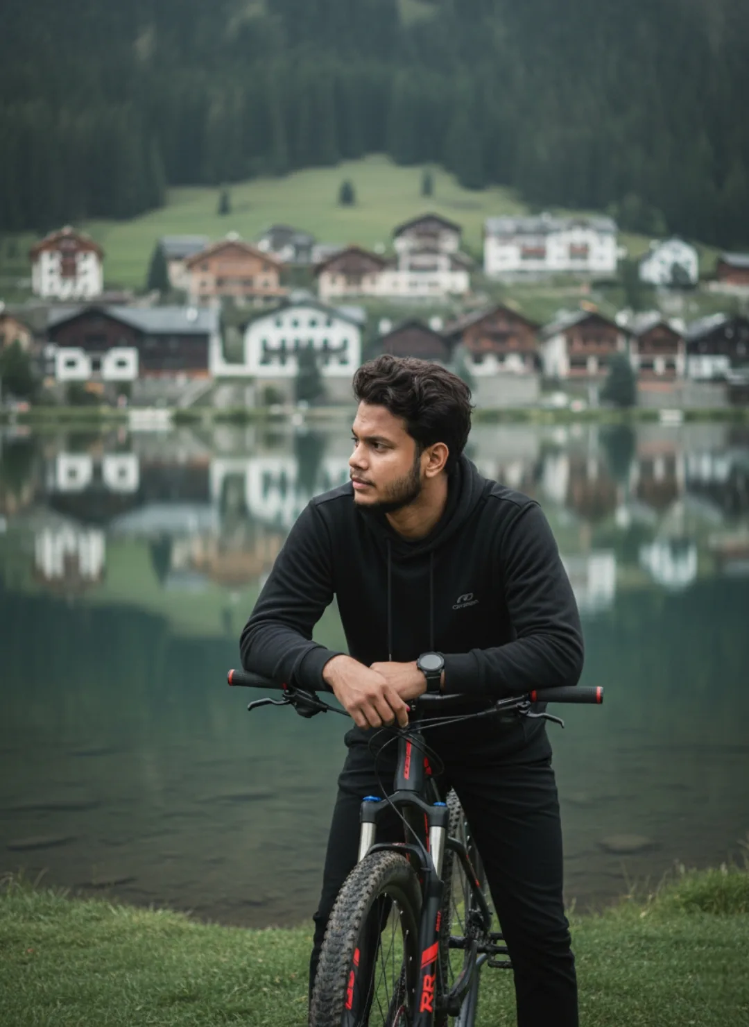 Serene Lakeside Reflection with Cyclist in Black Hoodie
