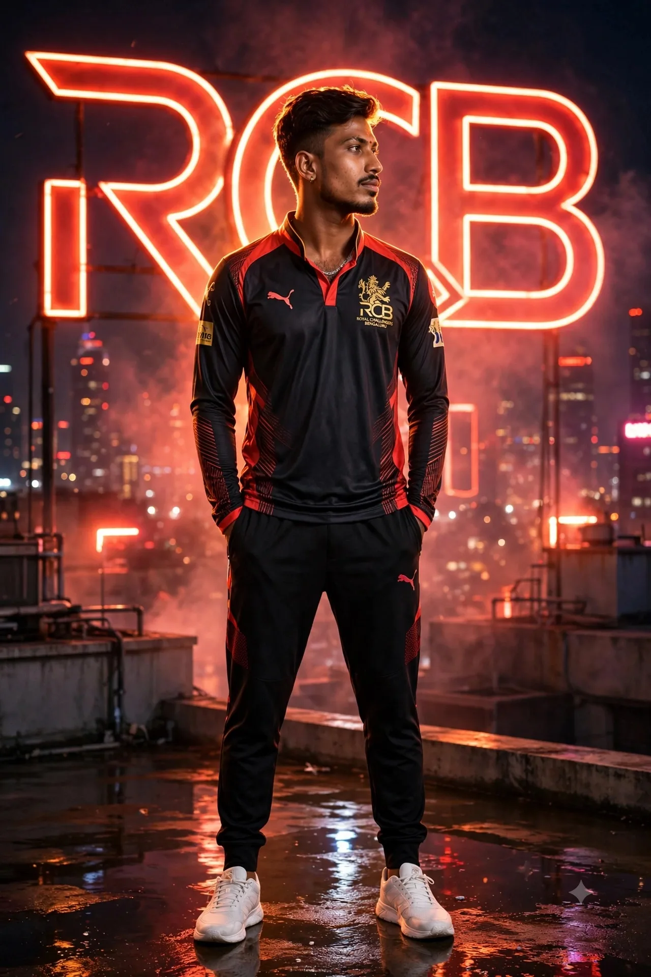 RCB Neon Rooftop - Black Red Jersey Full Body Same Face 8K`