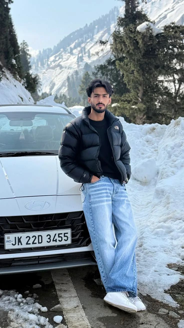 Candid Winter Outdoor Portrait of Young Man Leaning on White Car in Snow