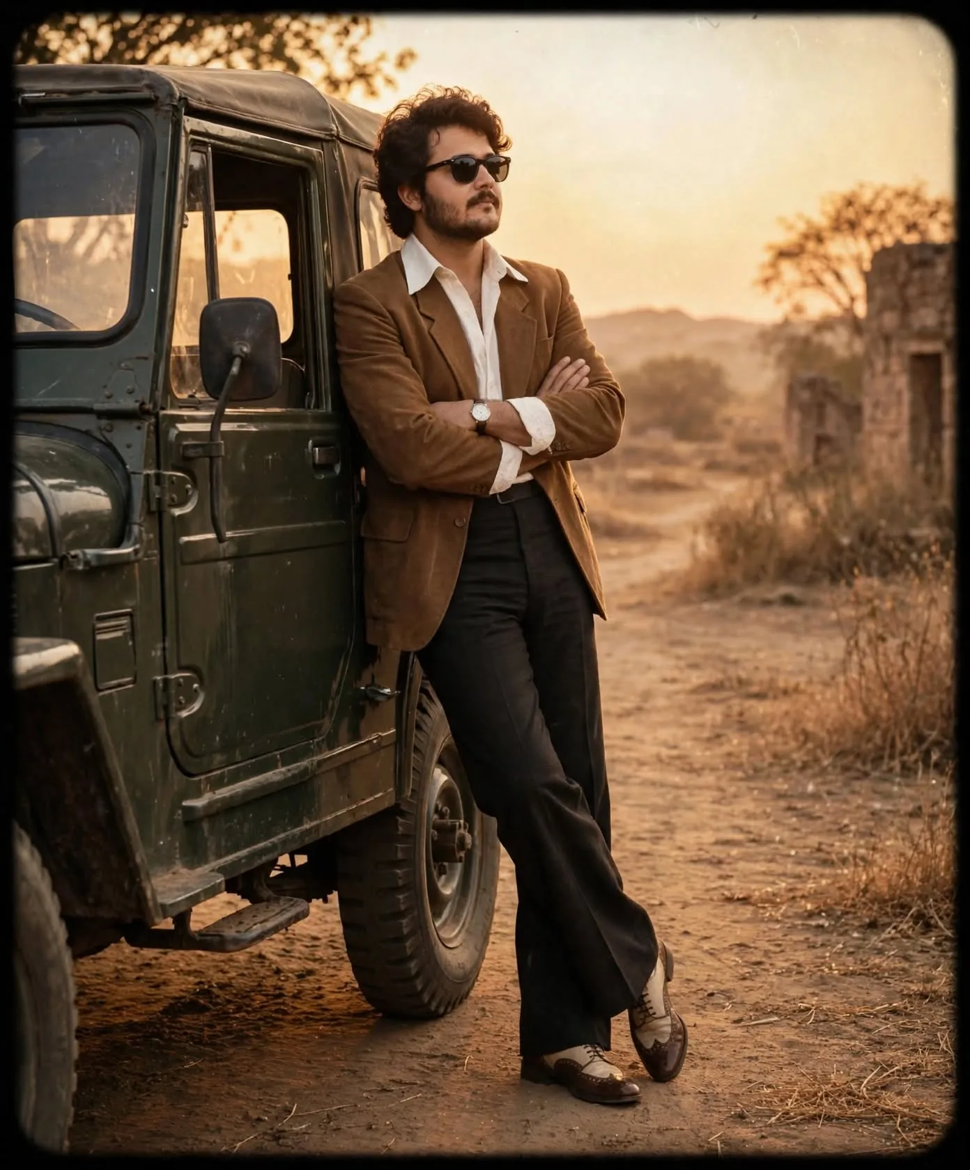 Vintage 70s Retro Portrait with Jeep - Golden Hour