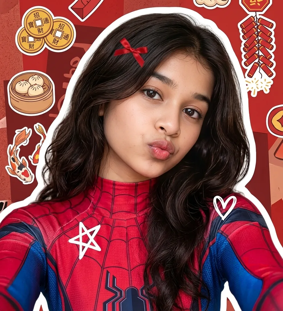 Cute Female Cosplay Selfie Portrait in Spiderman Suit with Red Bow Prompt