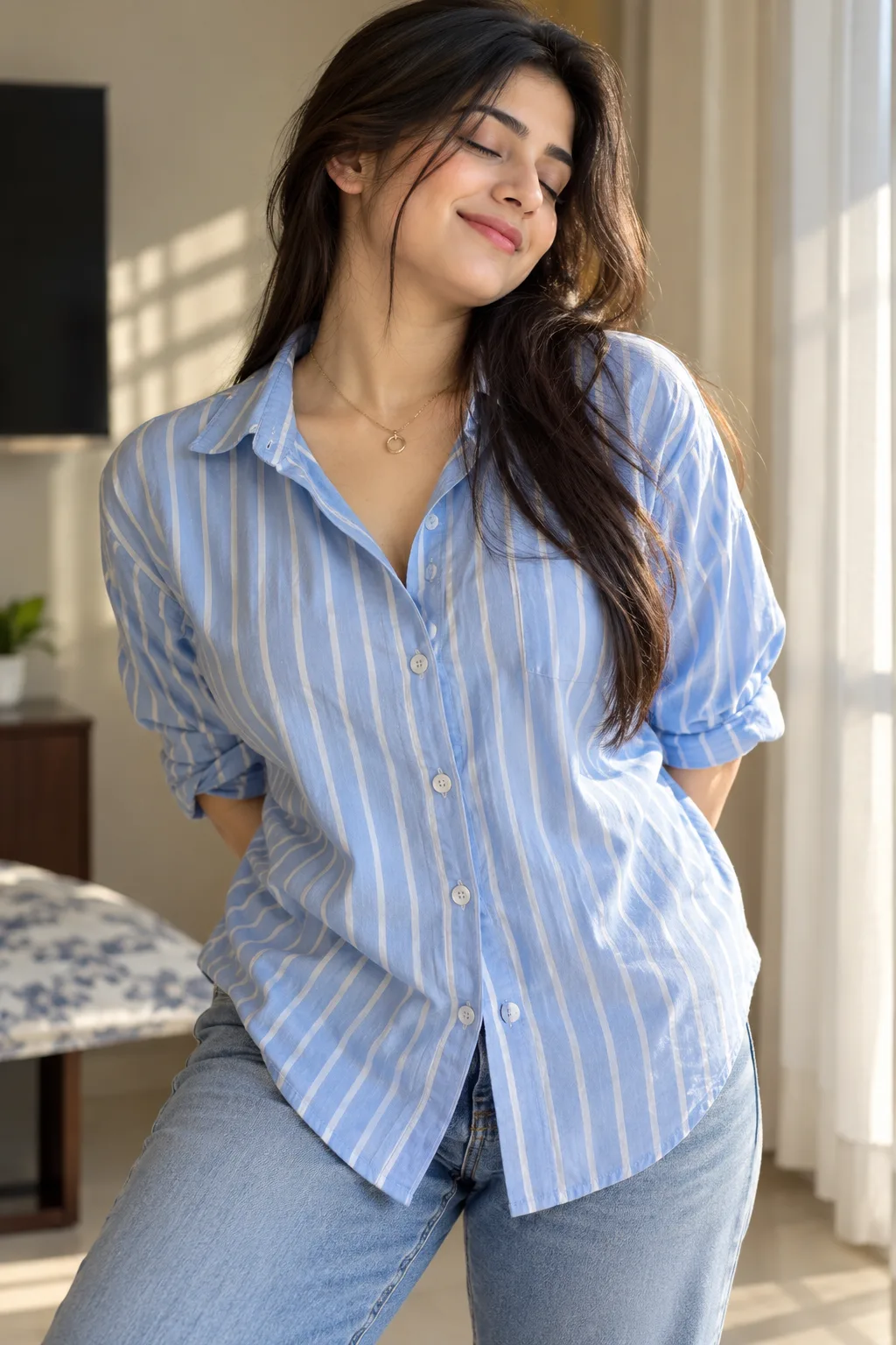 Blue Striped Serenity — Soft Cinematic Portrait