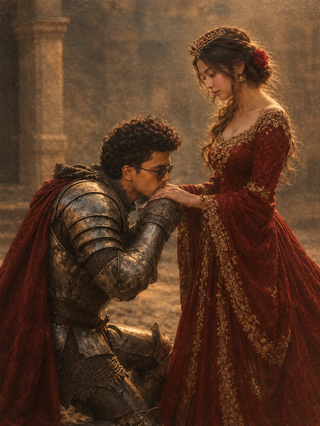 Create an ultra realistic cinematic mediaeval romantic portrait of a young south asian couple