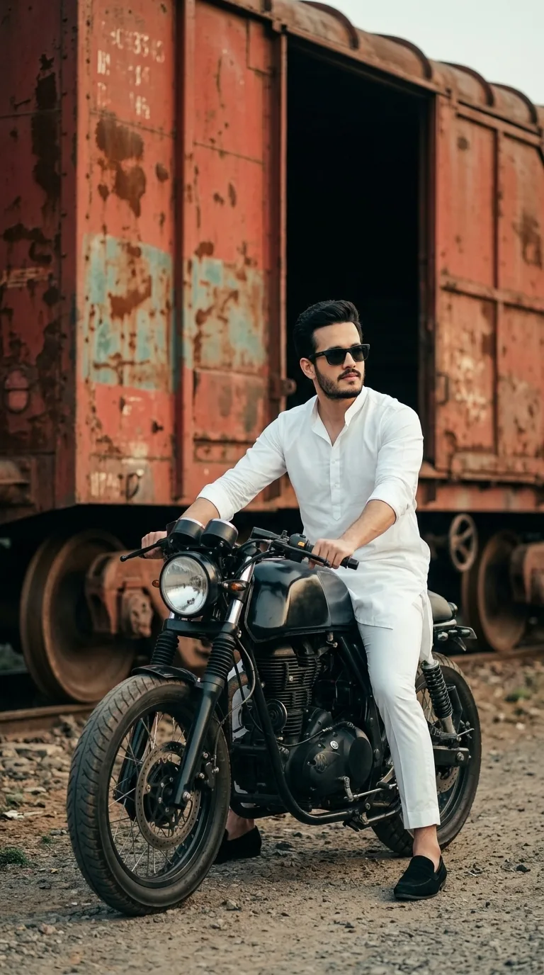 🏍️🤍 White Kurta Men’s Fashion – Cinematic Motorcycle Portrait