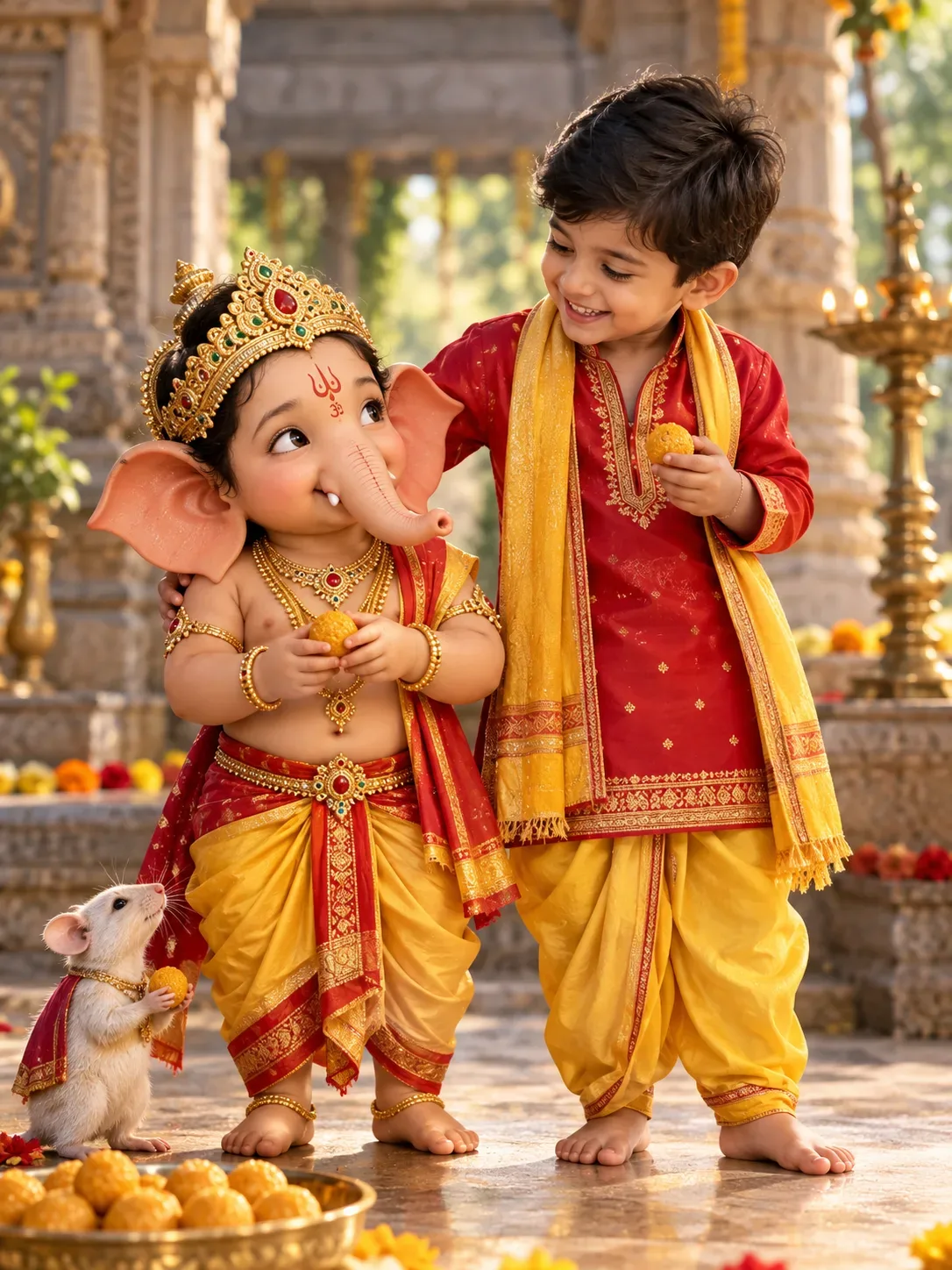 boy with baby ganesha statue - red and yellow traditional attire