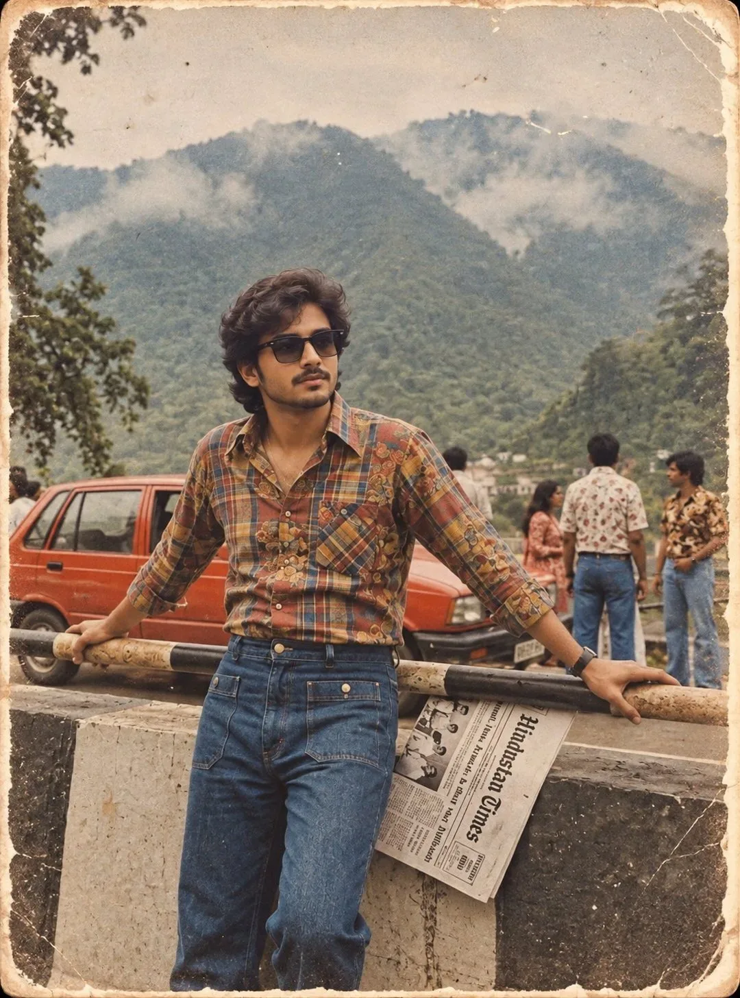 Vintage 1980s Retro Male Hill Station Roadside Portrait in Plaid Shirt Prompt