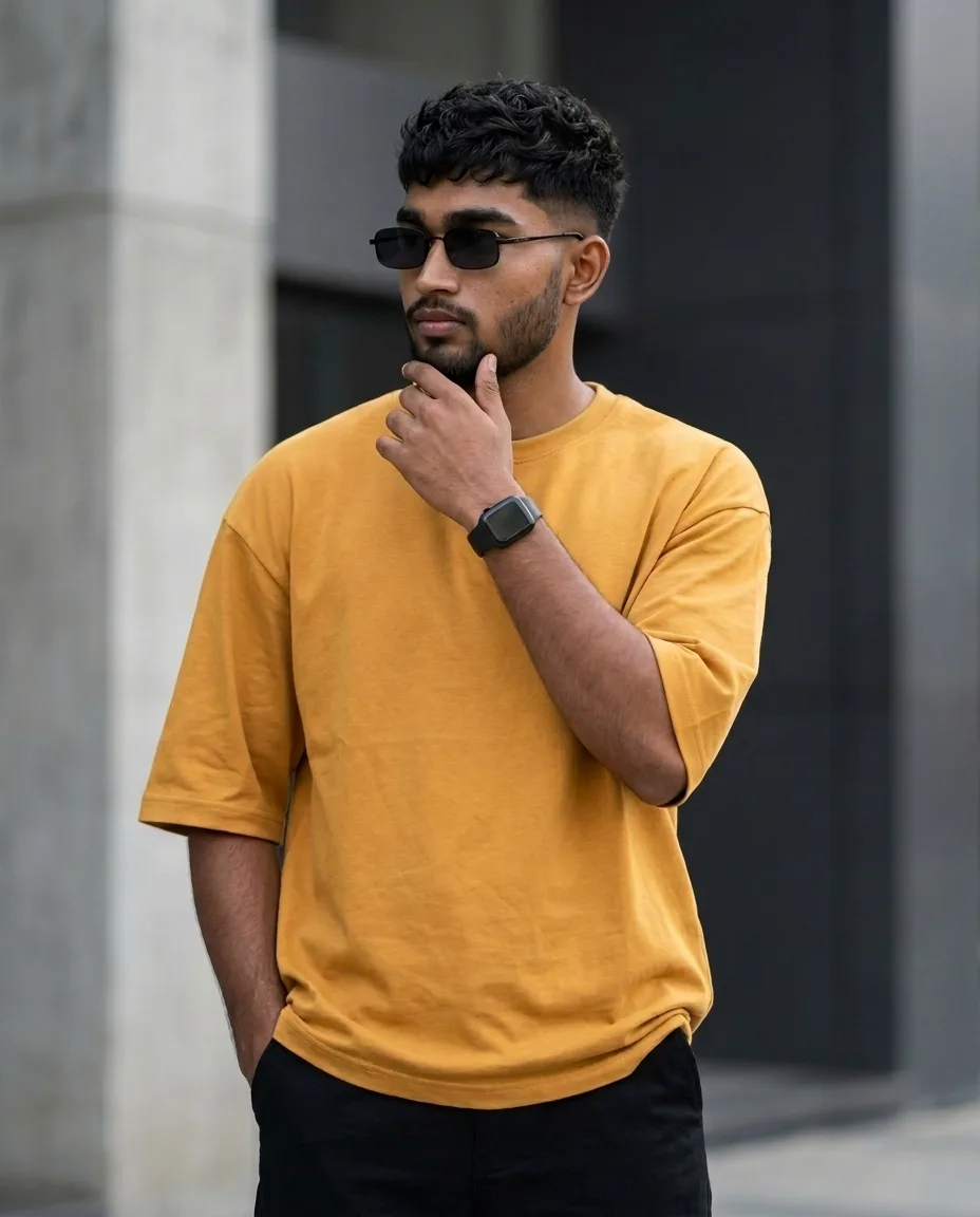 Minimalist Urban Male Portrait in Mustard Oversized T-Shirt & Tinted Sunglasses Prompt