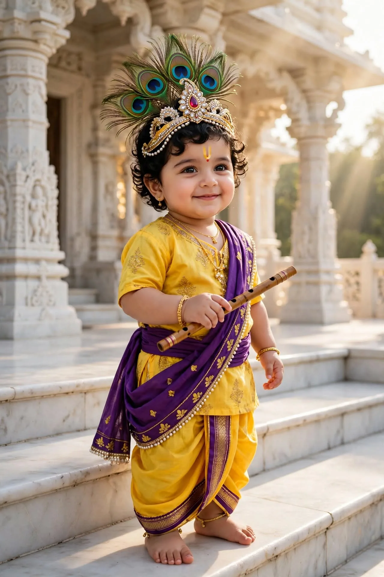 Cute Baby Krishna at White Marble Temple - Little Kanha with Flute 8K