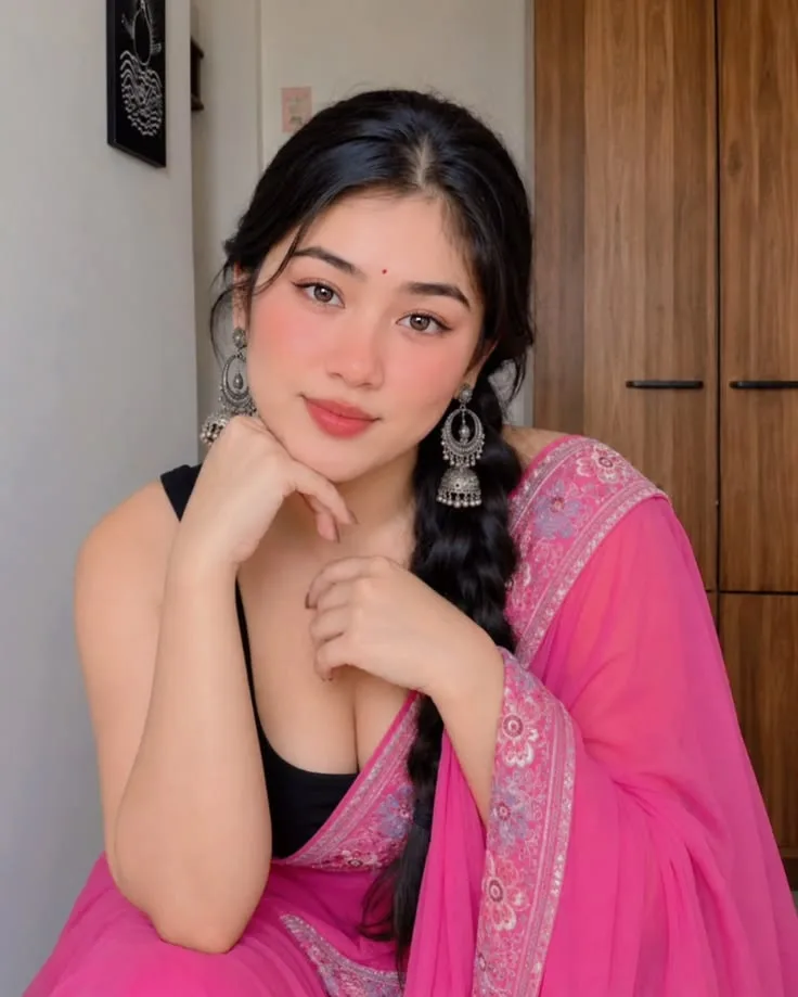 Indoor Portrait of Young Indian Woman in Pink Saree with Jhumkas