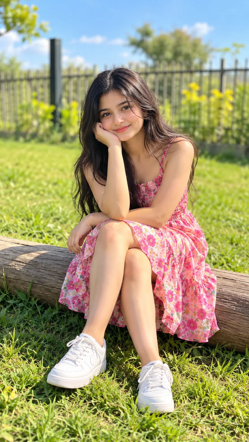 🌸☀️ Pink Floral Dress Portrait – Bright Outdoor Photography & Natural Bokeh