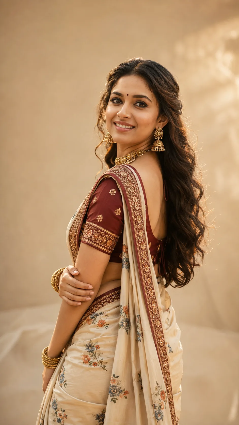 cinematic portrait indian woman in ivory saree