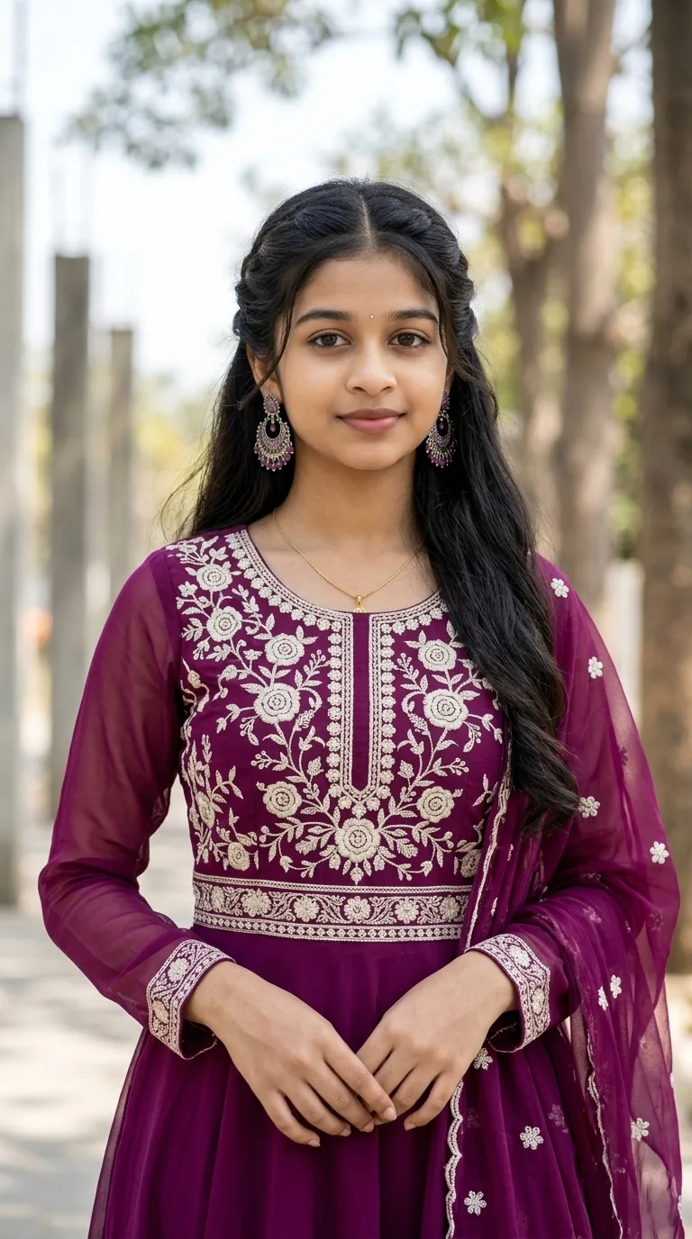 Elegant Indian Ethnic Female Portrait in Plum Anarkali Gown with Intricate Zari Embroidery Prompt