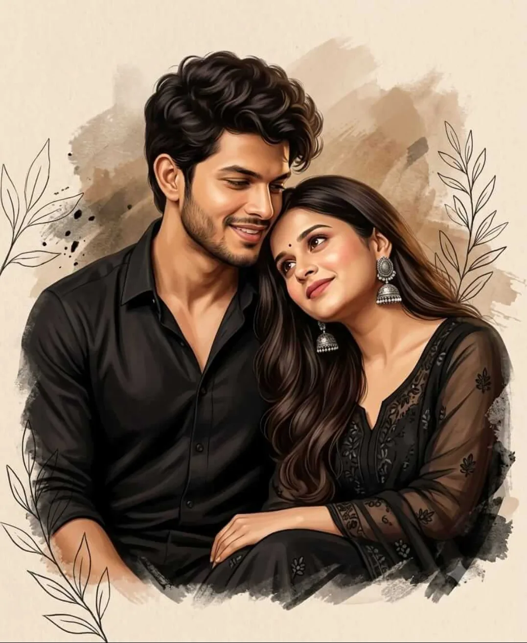 Romantic Indian Couple Portrait with Painted Brushstrokes, Beige Paper Texture and Soft Emotion