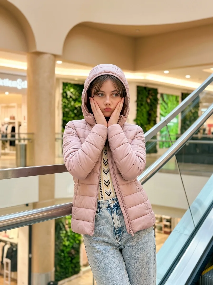 Playful Hooded Puffer Sweet Pout Aesthetic, Casual Winter Streetwear Mall Balcony Portrait, Charming Pastel Puffer & Aci