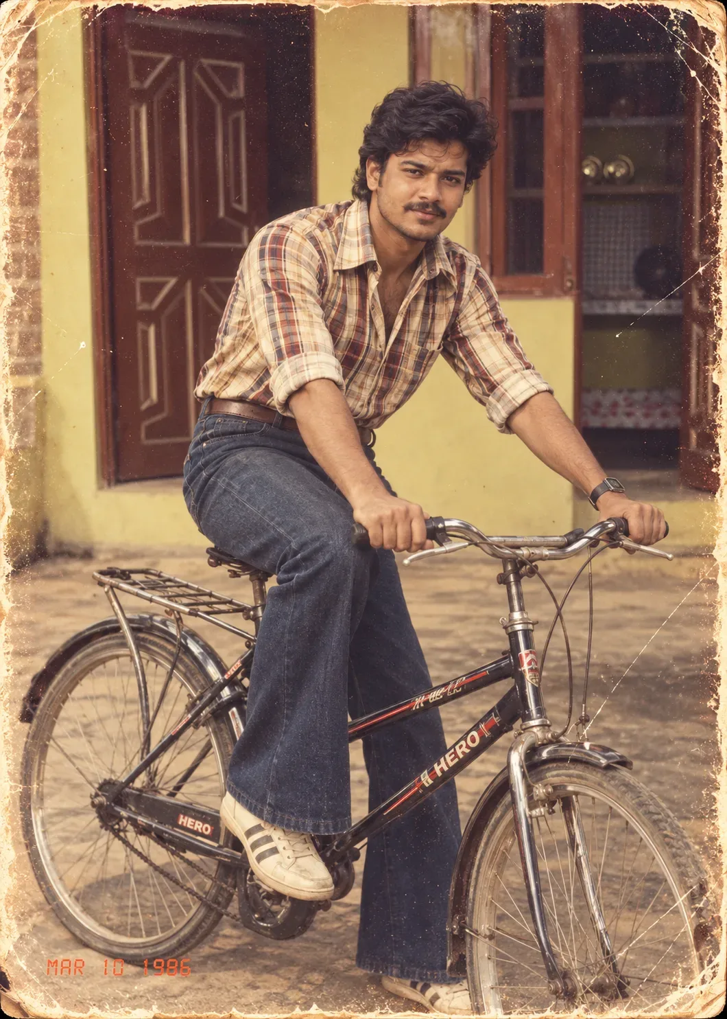 Vintage 1980s Retro Indian Male Portrait on Classic Hero Bicycle Prompt