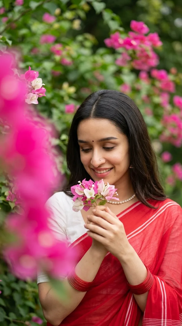 🌸❤️ Red Saree Flower Portrait — Warm Instagram Aesthetic AI Photo Prompt 📸✨