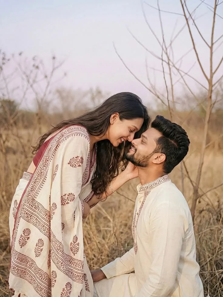 Candid Outdoor Pre-Wedding Portrait of Young Indian Couple in Dry Grassland