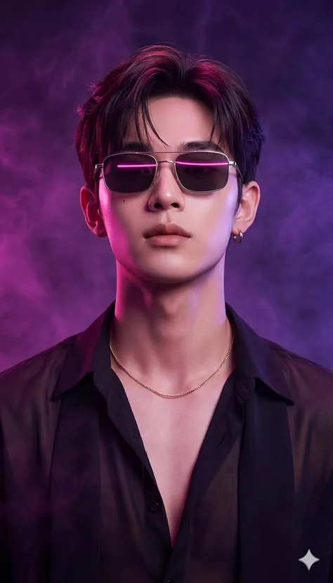 Cyber-Moody Magenta Studio Portrait with Neon Sunglasses Reflections