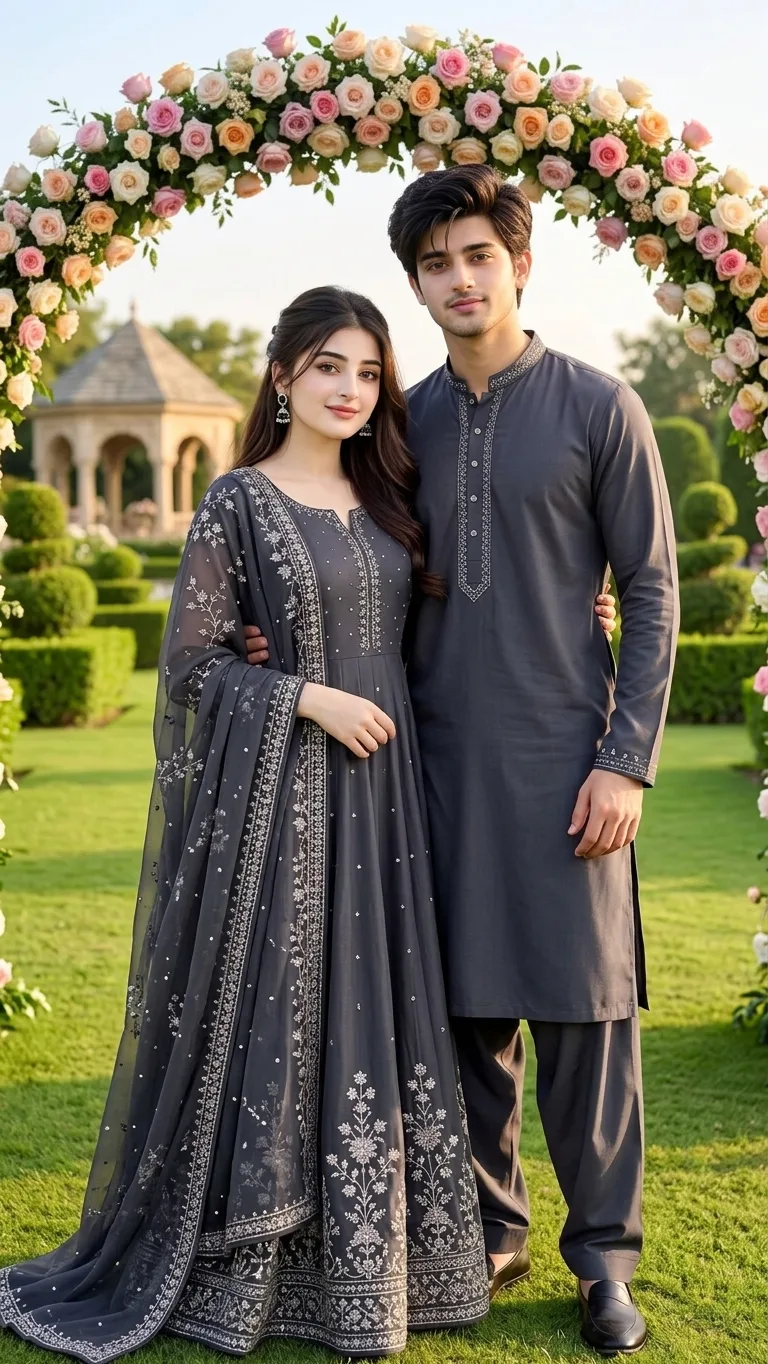 Standing Charocoal Grey Couple Portrait in a Rose Garden Venue