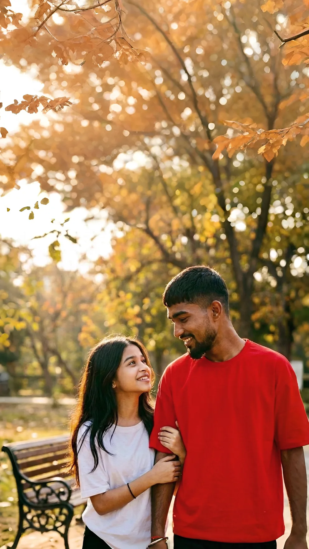 Romantic Golden Hour Outdoor Portrait of Young Indian Couple in 9:16 Aspect Ratio