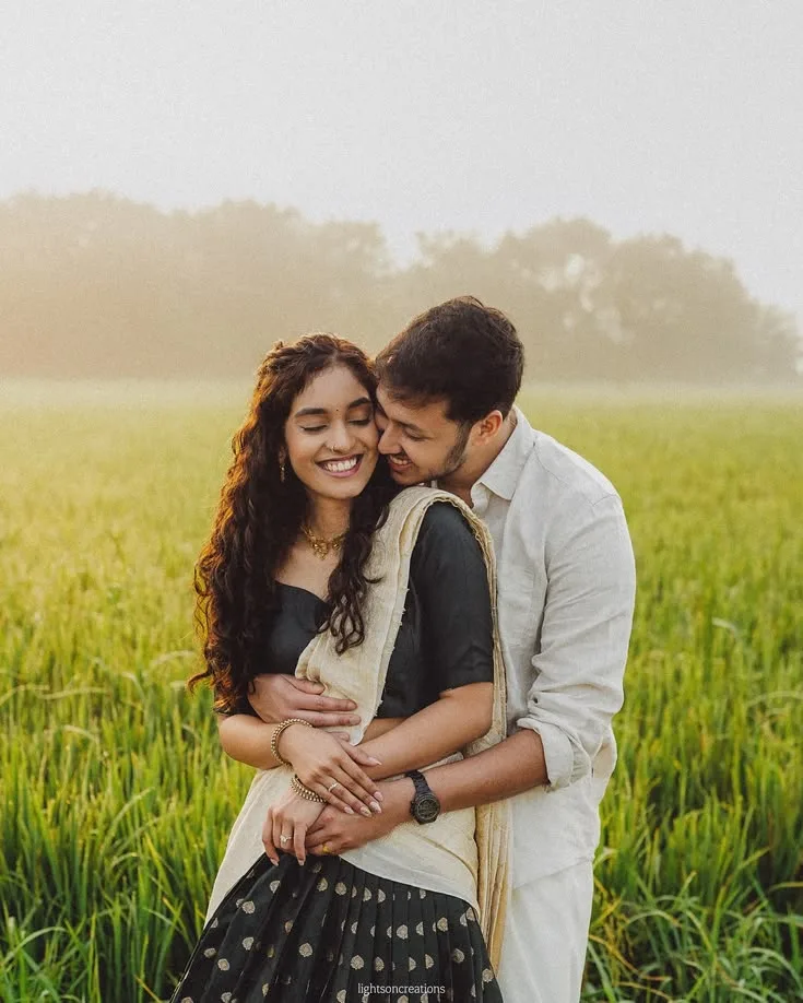Romantic Golden Hour Portrait of Couple in Kerala Paddy Field